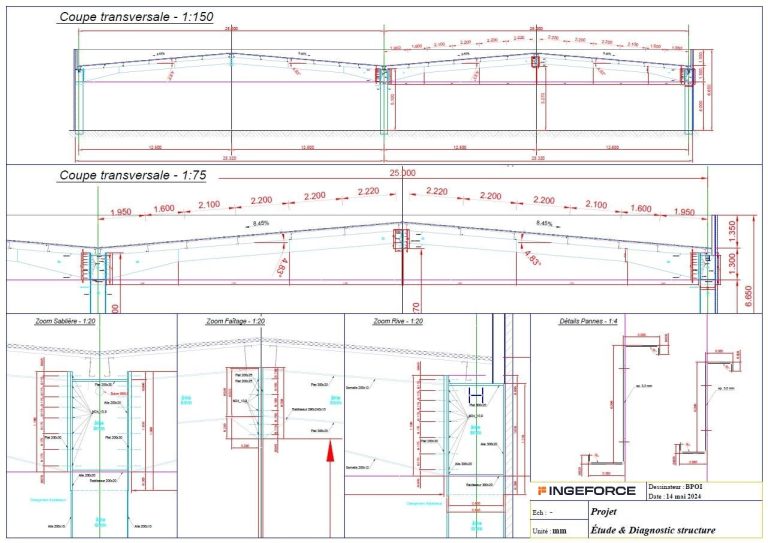 Plan de charpente métallique : coupes transversales et détails, bureau d'études d'exécution Ingeforce